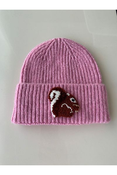 byebruketenci New Year's Pink Hat - Woolen Cap, Squirrel Punch Detailed Gift