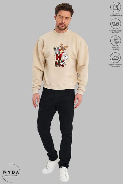 Nyda Collections Unisex μακρυμάνικο χριστουγεννιάτικο φούτερ με στάμπα με λαιμόκοψη χωρίς κουκούλα