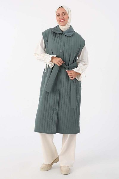 ALLDAY Mildew Green-Oversize Snap Fastener Vertical Line Long Quilted Vest