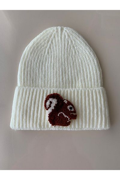 byebruketenci New Year's Eve - Cream Wool Beret, Squirrel Punch Detailed Hat