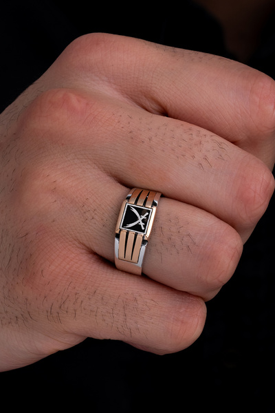 OSMANLI GÜMÜŞ Erkek Gümüş Yüzük - Çift Zülfikarlı Kılıçlı İnce Kibar Erkek Yü...