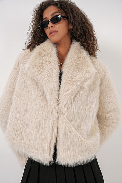 Bigdart 5186 Double Breasted Plush Fur Coat - Cream