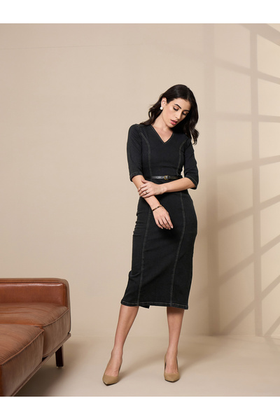 Sassafras By Styli V Neck Denim Midi Dress with Contrast Stitch Detail