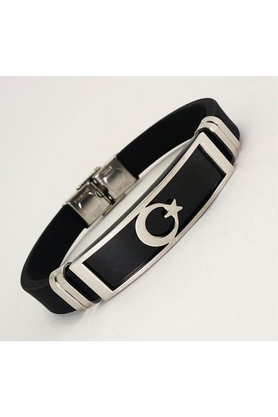 OSMANLI GÜMÜŞ Crescent Star Flag Rubber Steel Men's Bracelet