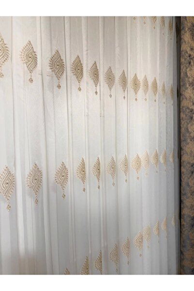 NİVEMESHOME Si̇nop 523 V-104 Gold Embroidered 1/3 Densely Plied Tulle Curtain Apm
