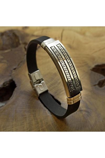 OSMANLI GÜMÜŞ Double Row Grek Pattern Rubber Steel Men's Bracelet Dblcıftgrek-syh