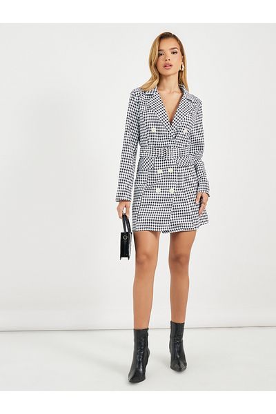 Styli Houndstooth Print Belted Blazer Mini Dress