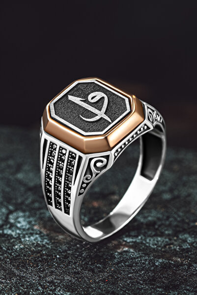 OSMANLI GÜMÜŞ Erkek Gümüş Yüzük - Üç Sıra Zirkon Taşlı Vav Elif İşlemeli Erke...