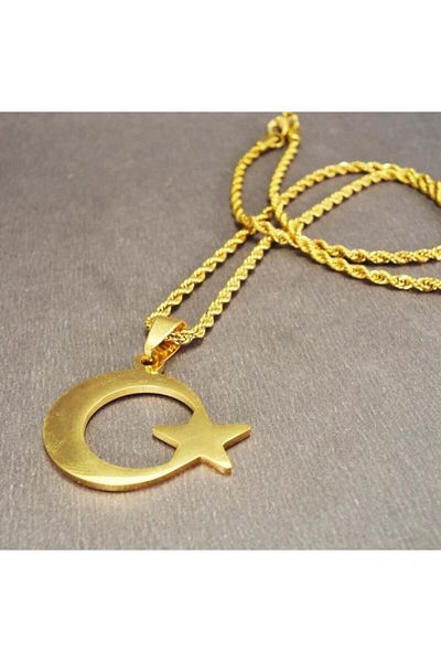 OSMANLI GÜMÜŞ Gold Color Crescent Star Flag Men's Steel Necklace Chain