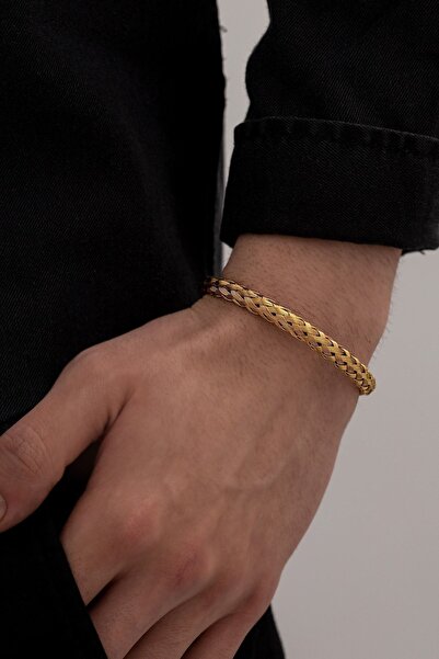 OSMANLI GÜMÜŞ Erkek Çelik Bileklik - Altın Kaplama Hasır Modern Örgü Tasarım ...