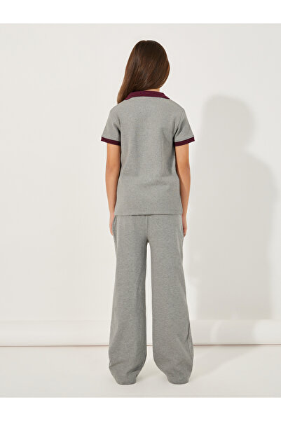 Styli Rib Knit Polo T-Shirt with Contrast Collar & Wide Leg Joggers Set