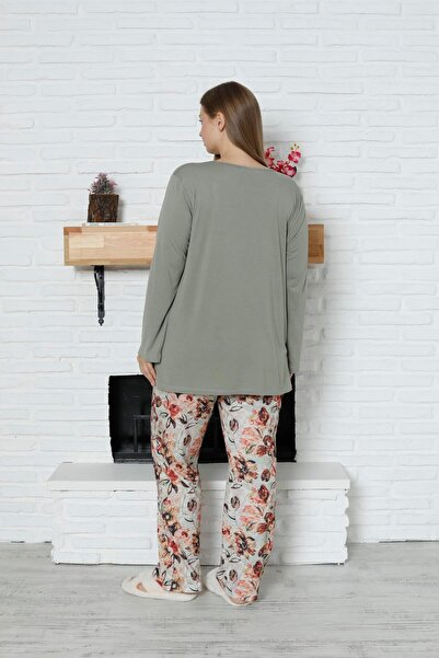 LİMİSSİ Limissi Viscose Plus Size Patterned Green Pajamas Set 100% Cotton