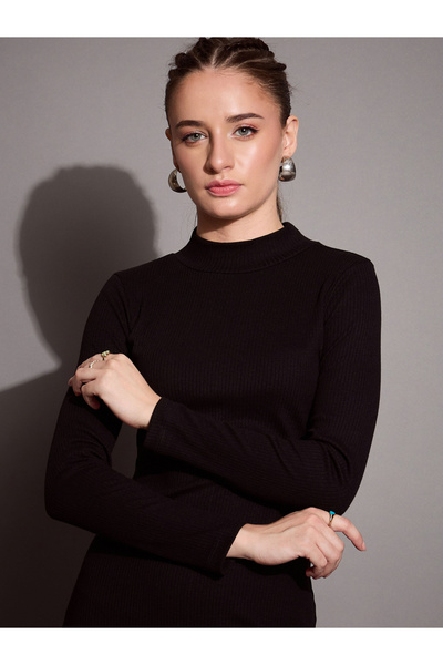 Sassafras By Styli Ribbed Bodycon Midi Dress with Back Slit