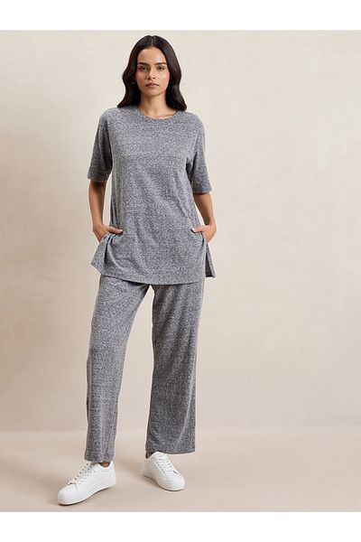 Femmella By Styli Melange Side Slit Longline Top & Pants Co-Ords