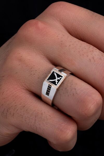 OSMANLI GÜMÜŞ Erkek Gümüş Yüzük - Çift Zülfikarlı Siyah Taşlı İnce Kibar Erke...