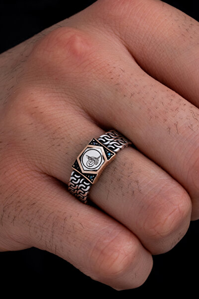 OSMANLI GÜMÜŞ Erkek Gümüş Yüzük - Osmanlı Tuğrası Siyah Taşlı Gümüş Erkek Yüzüğü