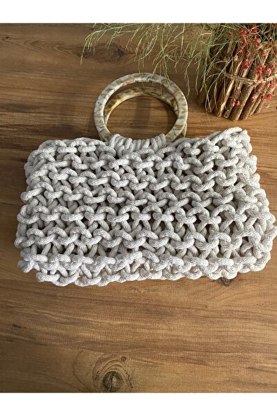 MAAR Ev Concept Hasır Yuvarlak Kemik Sap Örgü Çanta Açık Bej Renk Kol Çantası