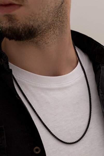 OSMANLI GÜMÜŞ Yuvarlak Kral Model Siyah Çelik Erkek Kolye Zincir 3mm Orta Kalınlıkta