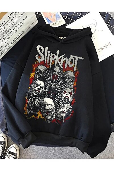 Genel Markalar Slipknot Baskılı Siyah Kapşonlu Sweatshirt Unisex