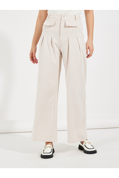 Styli High Rise Wide Leg Pleat Detail Casual Pants