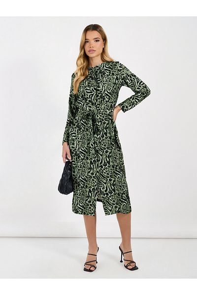 Styli Animal Print A-Line Midi Dress with Tie Belt