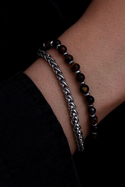 OSMANLI GÜMÜŞ Men's Steel Bracelet - King Chain Steel Men's Bracelet with Tiger Eye Stone