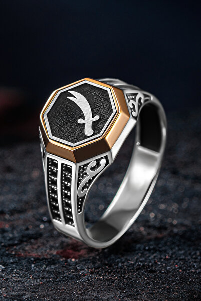 OSMANLI GÜMÜŞ Erkek Gümüş Yüzük - Çift Zirkon Taşlı Zülfikar Kılıcı Model 2 E...