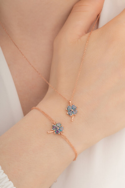 OSMANLI GÜMÜŞ Kadın Gümüş Set - Rose Mistik Topaz Yonca Model Kolye Bileklik ...