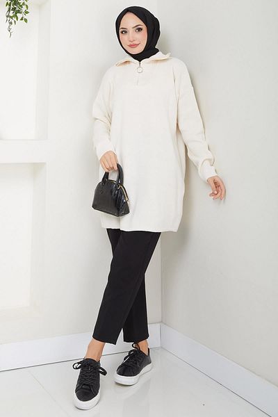 hafsamina Cream Color Zippered Knitwear Tunic - Hm2610
