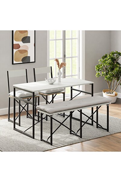 eportatif Mutfak Masası Minderli Bank 120x60 Masa Set 2 Adet Sandalye Yemek M...
