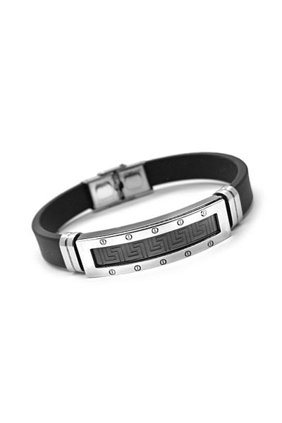 OSMANLI GÜMÜŞ Frame Pattern Grek Pattern Rubber Steel Men's Bracelet Dblcrvcgrek-syh