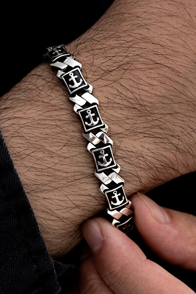 OSMANLI GÜMÜŞ Erkek Gümüş Bileklik -Çapa Motifli Kare Model Gümüş Bileklik