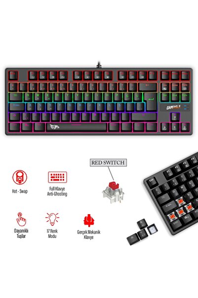 gameagle FULLFLEX MK-89X1B Rainbow Aydınlatmalı Oyuncu Gamer Gerçek Mekanik Işıklı Klavye Türkçe Q (