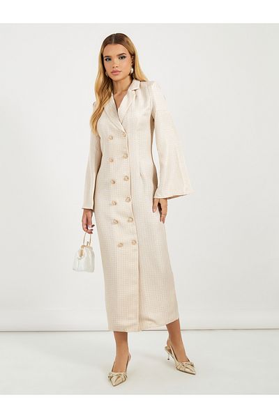Styli Lapel Collar Tweed Maxi Dress with Flared Sleeves