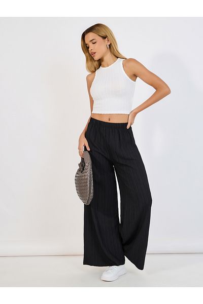 Styli Textured Palazzo Pants with Elastic Waistband
