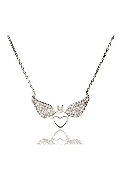 OSMANLI GÜMÜŞ Tektaşlı Kanatlı Kalpli Bayan Gümüş Kolye Orta Boy