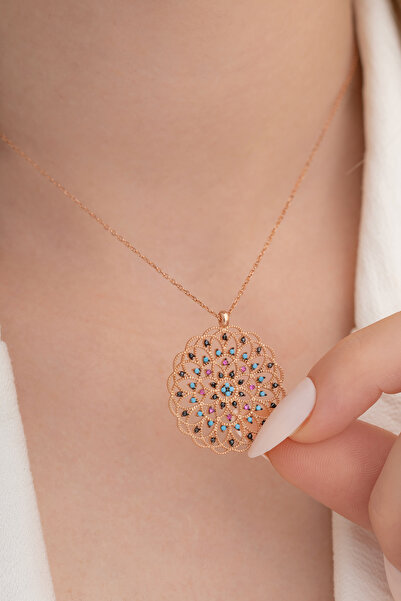 OSMANLI GÜMÜŞ Kadın Rose Mix Taşlı Rose Yaşam Çiçeği Model 5 Gümüş Kolye