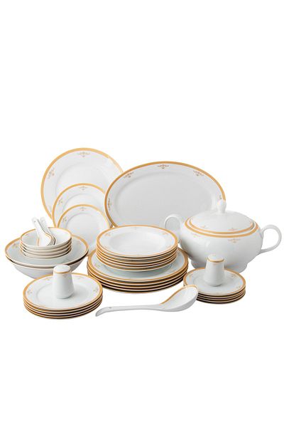 Dania 45 Pieces Porcelain Dining Set White Color With Golden Font Enough For 6 People