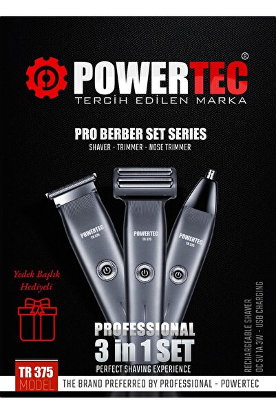 POWERTEC TR-375 (3in1) Günlük Erkek Tıraş Bakım Seti (3 Başlıklı ve Ek Başlık Hediyeli)