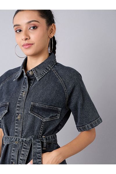 NOH-VOH By Styli Acid Wash Denim Collared Shirt Dress with Tie Up Belt