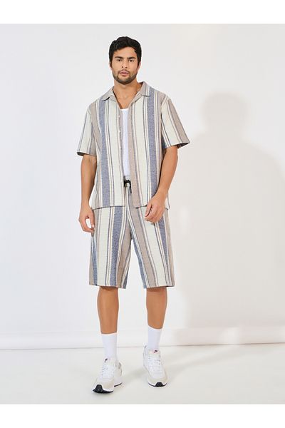 Styli Stripe Knit Resort Collar Relaxed Fit Shirt & Shorts Co-Ords