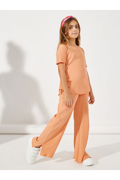Styli Side Ruched Detail Rib Knit T-Shirt & Wide Leg Joggers Co-Ords Set