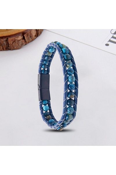 OSMANLI GÜMÜŞ 6mm Veined Men's Bracelet - Matte Blue Agate Stone Leather Cord and Steel Bracelet