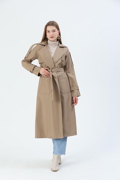 QUBERZ Belted Trench Coat with Pockets Mink