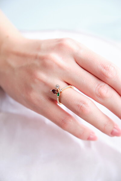 AURRARİ Gold Kiraz Desenli Zirkon Taşlı Yüzük