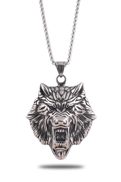 OSMANLI GÜMÜŞ Wolf Head Men's Steel Chain Necklace Cklaslnkafa-gms