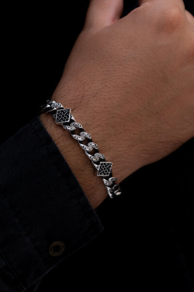 OSMANLI GÜMÜŞ Erkek Gümüş Bileklik - Siyah Zirkon Taşlı Geometrik Şekilli Oks...
