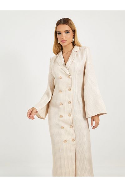 Styli Lapel Collar Tweed Maxi Dress with Flared Sleeves