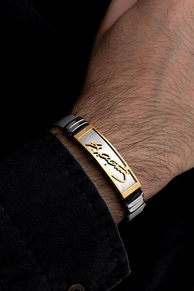 OSMANLI GÜMÜŞ Men's Steel Bracelet - Yellow Mustafa Kemal Atatürk Signature Mesh Model Steel Bracelet