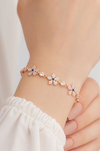 OSMANLI GÜMÜŞ Kadın Gümüş Bileklik - Zirkon Taşlı Rose 5 Yapraklı Yonca Gümüş...